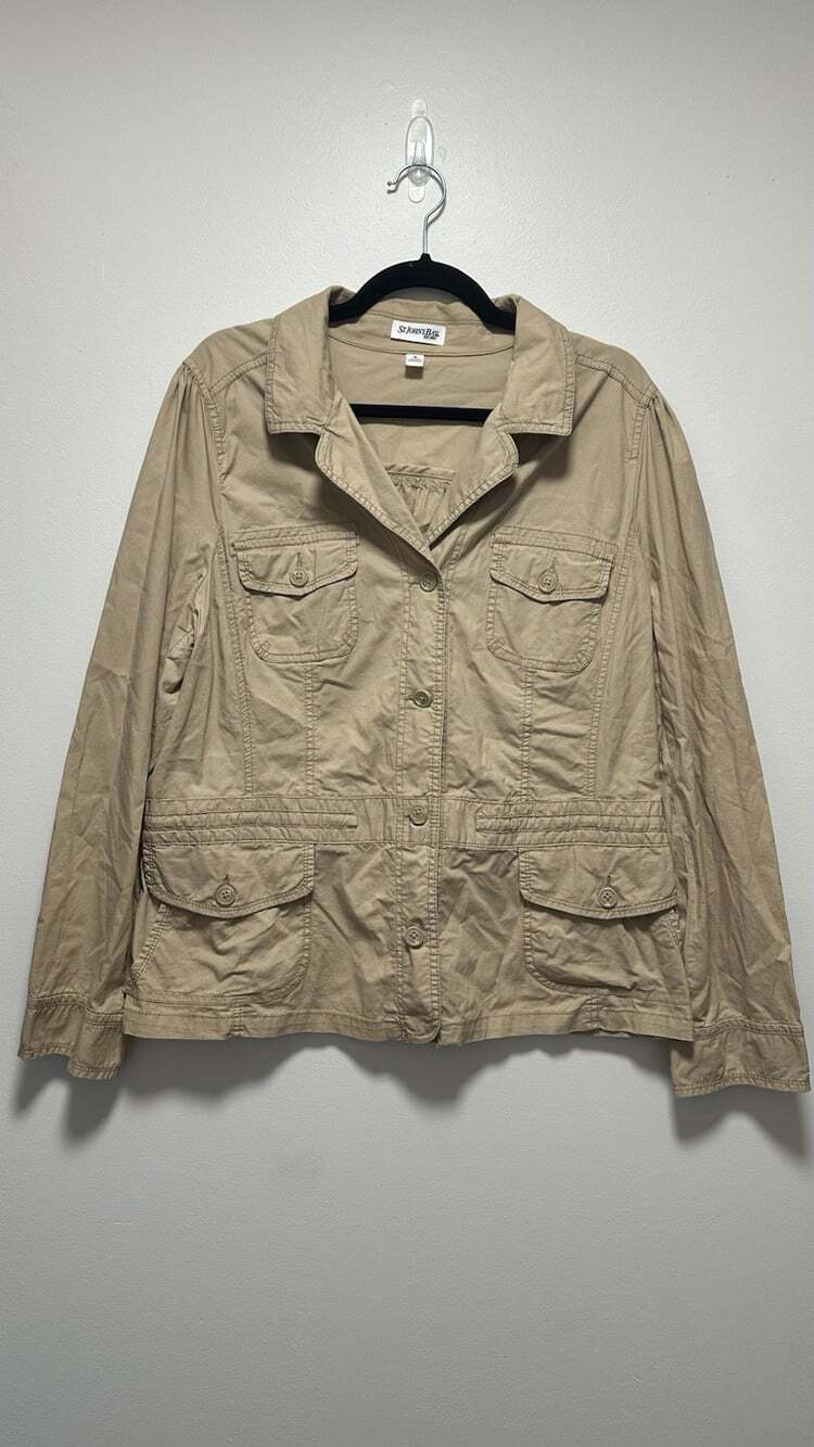 St. Johns Bay Womens XL Tan Khaki Cotton Utility Safari Jacket Button Front